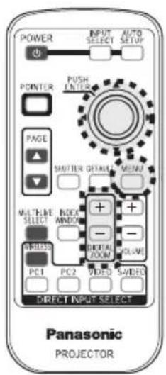 POWER INPUT SELECT AUTO SETUP POWER PUMER ENTER PAGE MAUTEN OFFSET MENU MULTIME SELECT INDEX ANDO - - DRUBB PC1 PC2 VIDEO SAPID DIRECT INPUT SELECT Panasonic PROJECTOR
