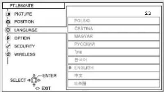 PTL860NTE PICTURE POSITION LANGUAGE OPTION SECURITY WIRELESS SELECT ENTER EXIT 2/2 POLSKI ČESTINA MAGYAR PYCCKIKI Imu 한국어 ENGLISH 中文 日本語
