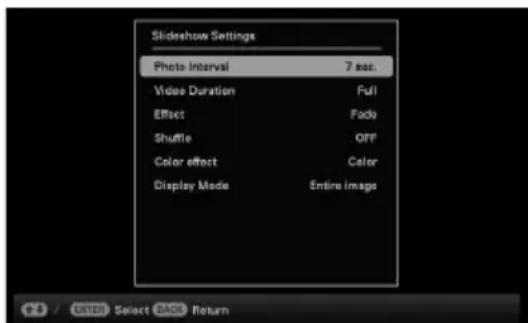 Slideshow Settings Photo Interval 7 sec. Video Duration Full Effect Fade Shuffle OFF Color effect Color Display Mode Entire image