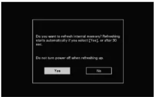Do you want to refresh internal memory? Refreshing starts automatically if you select [Yes], or after 30 sec. Do not turn power off when refreshing up. Yes No