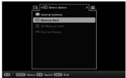 Select device Internal memory Memory Stick SD Memory Card USB External Device / ENTER Select Switch BACK End