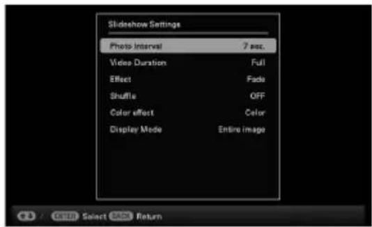 Slideshow Settings Photo Interval 7 sec. Video Duration Full Effect Fade Shuffle OFF Color effect Color Display Mode Entire image