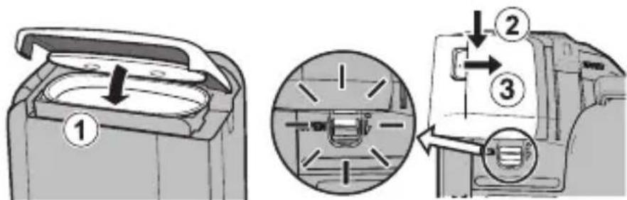 Diagram illustrating a mechanical device with labeled parts and directional arrows indicating assembly or operation.