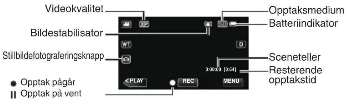 Videokvalitet Bildestabilisator Stillbildefotograferingsknapp ● Opptak pågår ○ Opptak på vent × PLAY REC MENU Opptaksmedium Batteriindikator Sceneteller Resterende opptakstid 0:00:00 [0:54]