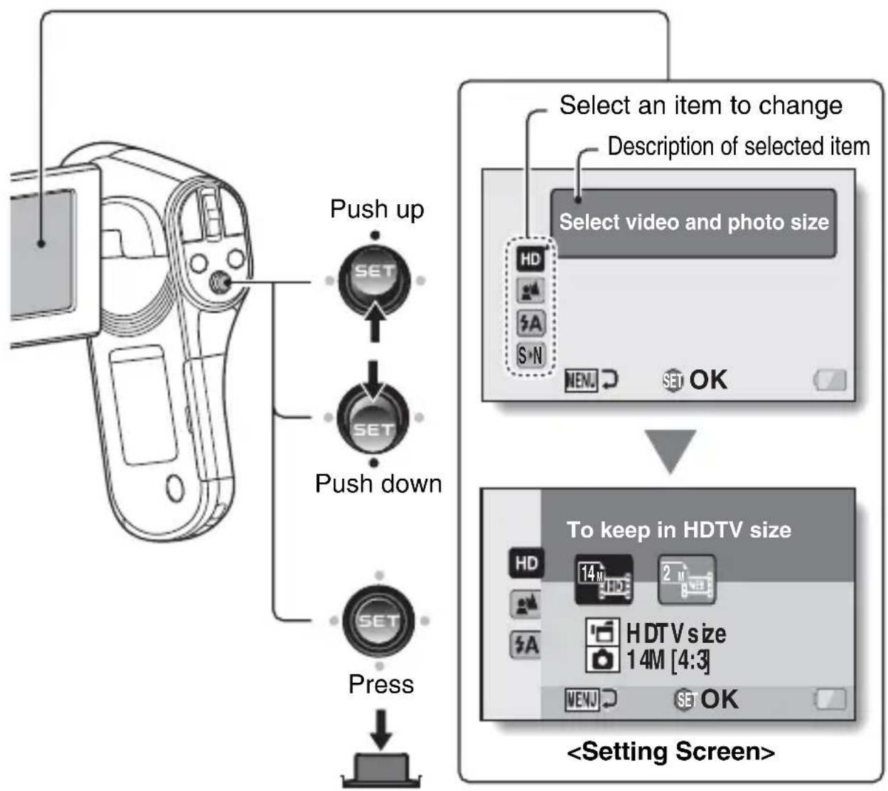 SANYO Xacti VPC-CG102 - Toggle the SET button up or down to select the item you wish to change, and press the SET button. - 1