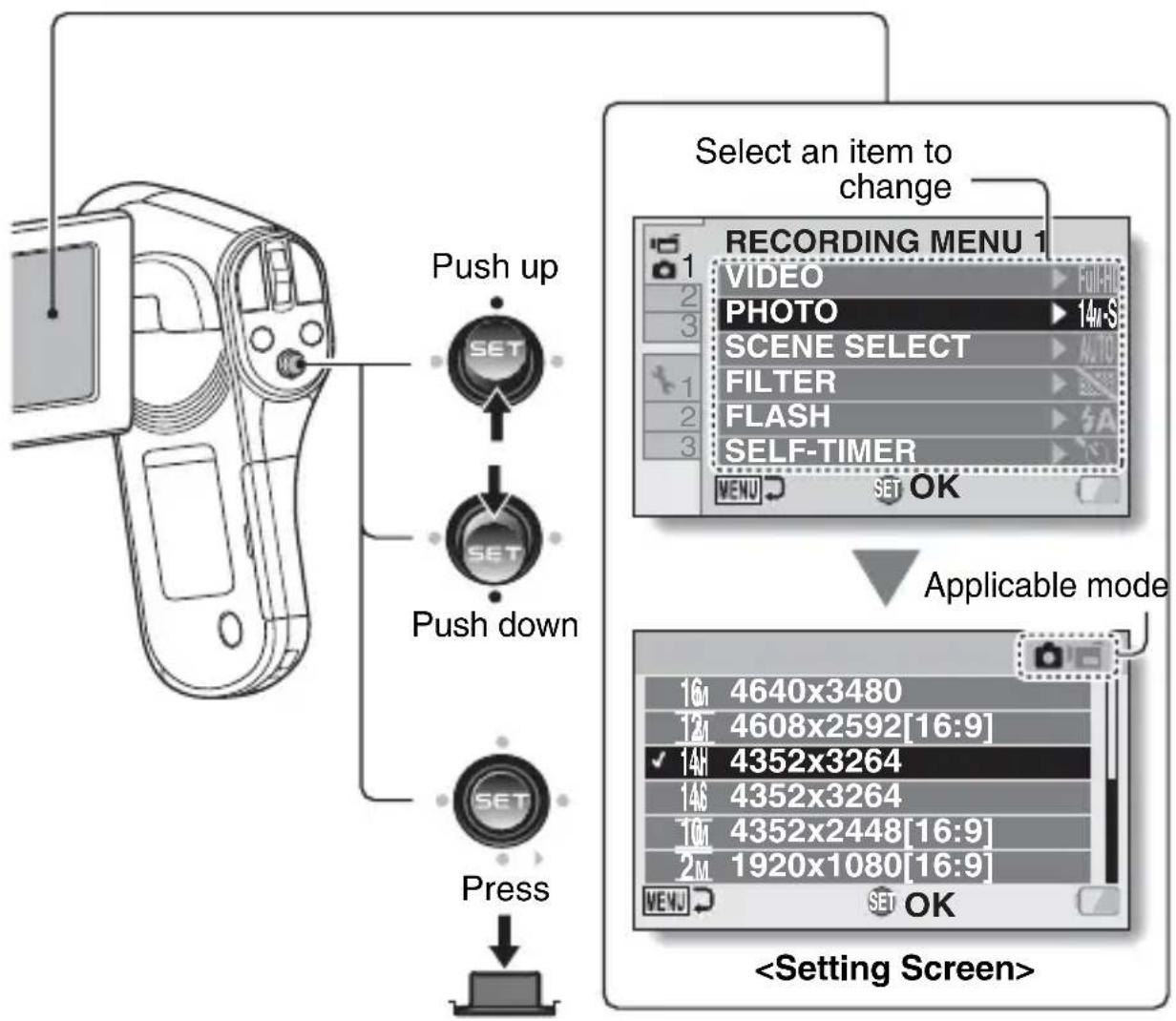 SANYO Xacti VPC-CG102 - Toggle the SET button up or down to select the item you wish to change, and press the SET button. - 1