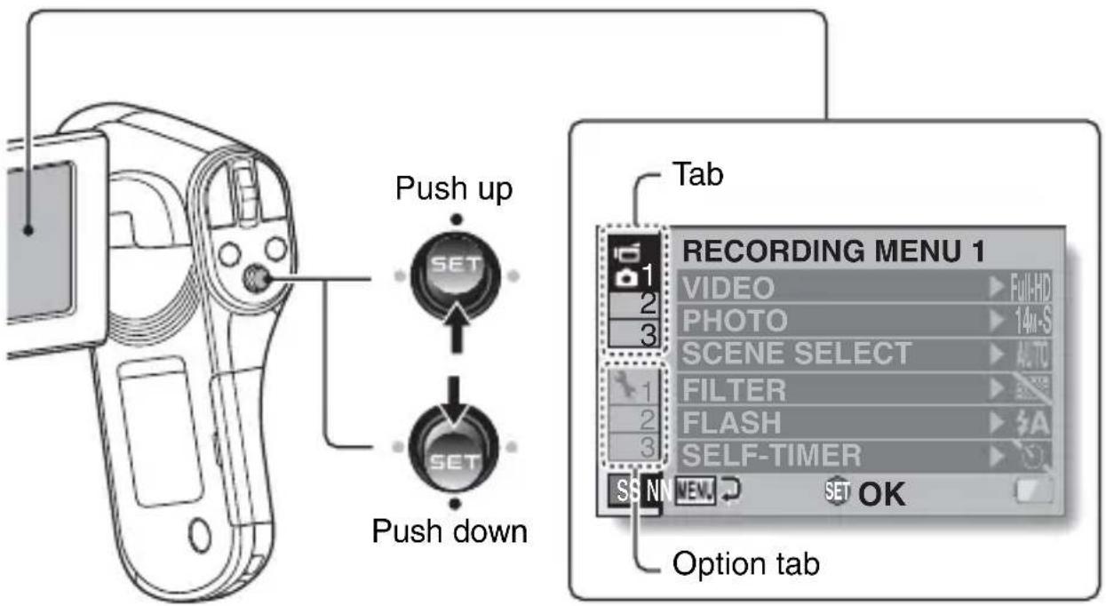 SANYO Xacti VPC-CG102 - Toggle the SET button up or down to select a tab. - 1