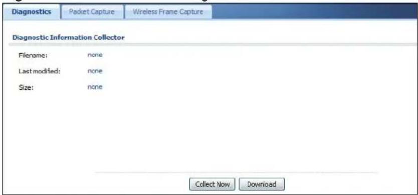 Diagnostics Packet Capture Wireless Frame Capture Diagnostic Information Collector Filename: none Last modified: none Size: none Collect Now Download