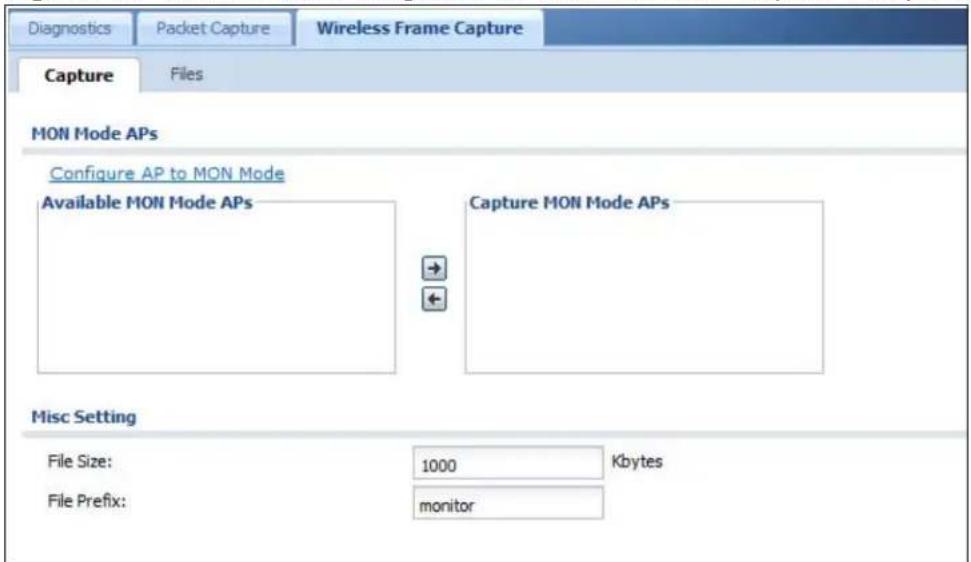 Diagnostics Packet Capture Wireless Frame Capture Capture Files MON Mode APs Configure AP to MON Mode Available MON Mode APs Capture MON Mode APs Misc Setting File Size: 1000 Kbytes File Prefix: monitor