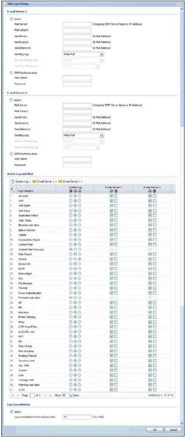 Edit Log Setting E-mail Server 1 Active Mail Server: (Outgoing SMTP Server Name or IP Address) Mail Subsets: SendFrom: (E-Mail Address) SendLog for: (E-Mail Address) SendAlerts to: (E-Mail Address) Sending Log: When Full Log for Sending Log Name for Sending Log SMTP Authentication User Name: Password: E-mail Server 2 Active Mail Server: (Outgoing SMTP Server Name or IP Address) Mail Subsets: SendFrom: (E-Mail Address) SendLog for: (E-Mail Address) SendAlerts to: (E-Mail Address) Sending Log: When Full Log for Sending Log Data for Sending Log SMTP Authentication User Name: Password: Active Log and Alert System Log + Email Server 1 + Email Server 2 + Log Category System Log Real Server 1 Real Server 2 Account ○○○ □ □ □ ADP ○○○ □ □ □ Anti-Space ○○○ □ □ □ Anti-Virus ○○○ □ □ □ Application Policy ○○○ □ □ □ Auth. Policy ○○○ □ □ □ Blocked web sites ○○○ □ □ □ Built-in Service ○○○ □ □ □ Cellular ○○○ □ □ □ Connectivity Check ○○○ □ □ □ Content Filter ○○○ □ □ □ Content Filter Forward ○○○ □ □ □ Daily Report ○○○ □ □ □ Default ○○○ □ □ □ Device HA ○○○ □ □ □ DxCP ○○○ □ □ □ Disk-in Mgmt ○○○ □ □ □ EPS ○○○ □ □ □ File Manage ○○○ □ □ □ Firewall ○○○ □ □ □ Force Authentication ○○○ □ □ □ Forward web sites ○○○ □ □ □ EXP ○○○ □ □ □ INS ○○○ □ □ □ Interface ○○○ □ □ □ IP-MAC Bedding ○○○ □ □ □ IPSec ○○○ □ □ □ LITF Over IPSec: ○○○ □ □ □ any2vXEL.com ○○○ □ □ □ NAT ○○○ □ □ □ FN ○○○ □ □ □ Policy Route ○○○ □ □ □ Port Grouping ○○○ □ □ □ Routing Protocol ○○○ □ □ □ Services Limit ○○○ □ □ □ SSL VPN ○○○ □ □ □ System ○○○ □ □ □ User ○○○ □ □ □ Vantage User ○○○ □ □ □ Warning web sites ○○○ □ □ □ Zylin ○○○ □ □ □ Log Consultation Active Log Consultation Internal (Seconds): 65 (10 - 600) OK Cancel...