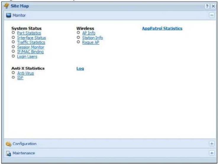 Site Map Monitor System Status Port Statistics Interface Status Traffic Statistics Session Monitor IP/MAC Binding Login Users Wireless AP Info Station Info Rogue AP AppPatrol Statistics Anti-X Statistics Anti-Virus IDP Log Configuration Maintenance