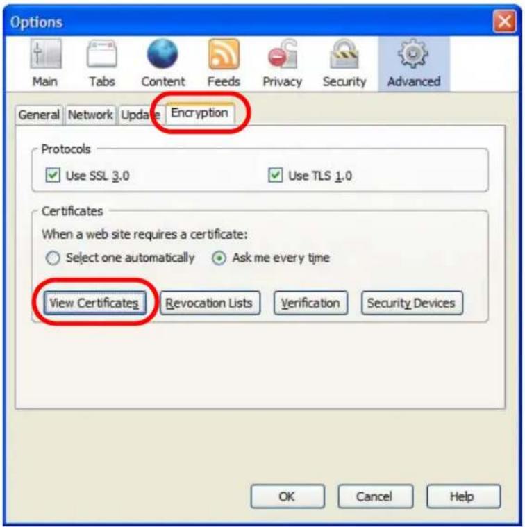 Options Main Tabs Content Feeds Privacy Security Advanced General Network Update Encryption Protocols Use SSL 3.0 Use TLS 1.0 Certificates When a web site requires a certificate: Select one automatically Ask me every time View Certificates Revocation Lists Verification Security Devices OK Cancel Help