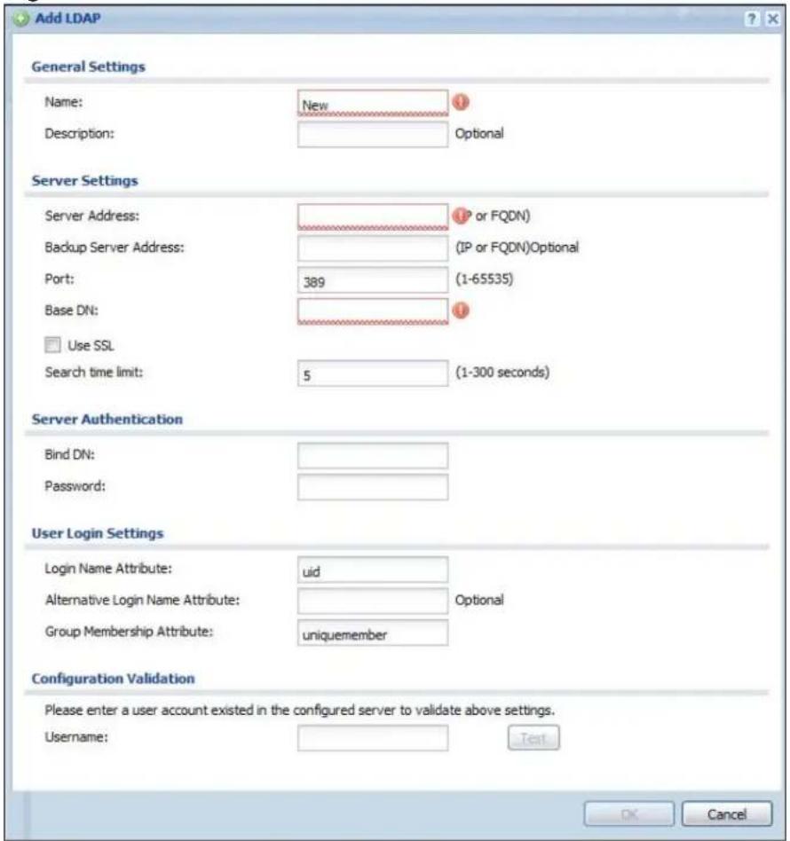 Add LDAP General Settings Name: New Description: Optional Server Settings Server Address: (IP or FQDN) Backup Server Address: (IP or FQDN)Optional Port: 389 (1-65535) Base DN: Use SSL Search time limit: 5 (1-300 seconds) Server Authentication Bind DN: Password: User Login Settings Login Name Attribute: uid Alternative Login Name Attribute: Optional Group Membership Attribute: uniquemember Configuration Validation Please enter a user account existed in the configured server to validate above settings. Username: Test OK Cancel