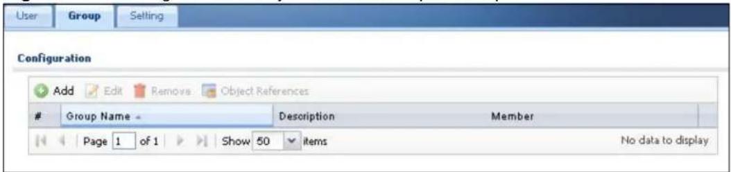 User Group Setting Configuration Add Edit Remove Object References Group Name Description Member Page 1 of 1 Show 50 items No data to display