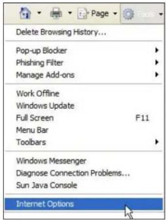 Delete Browsing History... Pop-up Blocker Phishing Filter Manage Add-ons Work Offline Windows Update Full Screen F11 Menu Bar Toolbars Windows Messenger Diagnose Connection Problems... Sun Java Console Internet Options