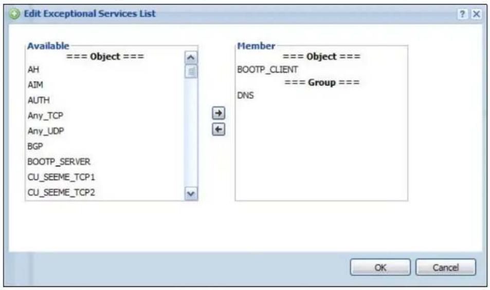Edit Exceptional Services List Available === Object === AH AIM AUTH Any_TCP Any_UDP BGP BOOTP_SERVER CU_SEEME_TCP1 CU_SEEME_TCP2 Member === Object === BOOTP_CLIENT === Group === DNS OK Cancel