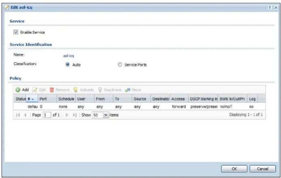 Edit aol-icq Service Enable Service Service Identification Name: aol-icq Classification: Auto Service Ports Policy Add Edit Remove Activate Inactivate Move Status # Port Schedule User From To Source Destinato Access DSCP Marking In 8WN In/Cut/Pri Log default 0 none any any any any any forward preserve/presen no/no/? no Page 1 of 1 Show 50 items Displaying 1 - 1 of 1 OK Cancel