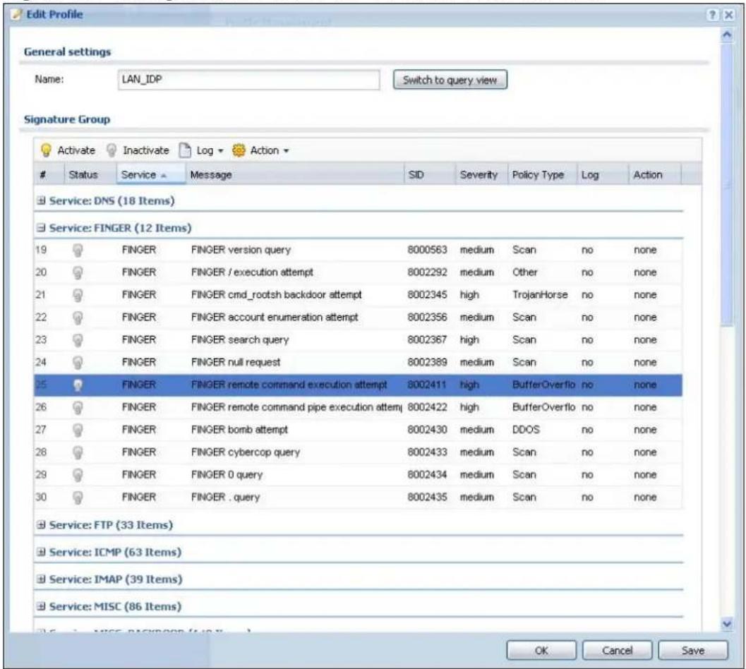 Edit Profile General settings Name: LAN_IDP Switch to query view Signature Group Status Service Message SID Severity Policy Type Log Action Service: DNS (18 Items) Service: FINGER (12 Items) 19 FINGER FINGER version query 8000563 medium Scan no none 20 FINGER FINGER / execution attempt 8002292 medium Other no none 21 FINGER FINGER cmd_rootsh backdoor attempt 8002345 high TrojanHorse no none 22 FINGER FINGER account enumeration attempt 8002356 medium Scan no none 23 FINGER FINGER search query 8002367 high Scan no none 24 FINGER FINGER null request 8002389 medium Scan no none 25 FINGER FINGER remote command execution attempt 8002411 high BufferOverflo no none 26 FINGER FINGER remote command pipe execution attempt 8002422 high BufferOverflo no none 27 FINGER FINGER bomb attempt 8002430 medium DDOS no none 28 FINGER FINGER cybercop query 8002433 medium Scan no none 29 FINGER FINGER 0 query 8002434 medium Scan no none 30 FINGER FINGER . query 8002435 medium Scan no none Service: FTP (33 Items) Service: ICMP (63 Items) Service: IMAP (39 Items) Service: MISC (86 Items) OK Cancel Save