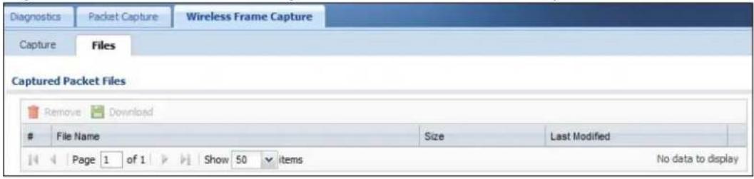 Diagnostics Packet Capture Wireless Frame Capture Capture Files Captured Packet Files Remove Download # File Name Size Last Modified Page 1 of 1 Show 50 items No data to display