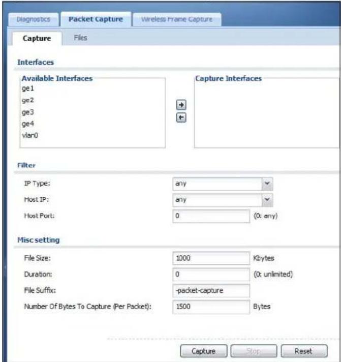 Diagnostics Packet Capture Wireless Frame Capture Capture Files Interfaces Available Interfaces ge1 ge2 ge3 ge4 vlan0 Capture Interfaces Filter IP Type: any Host IP: any Host Port: 0 (0: any) Misc setting File Size: 1000 Kbytes Duration: 0 (0: unlimited) File Suffix: -packet-capture Number Of Bytes To Capture (Per Packet): 1500 Bytes Capture Stop Reset