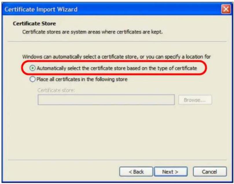 Certificate Import Wizard Certificate Store Certificate stores are system areas where certificates are kept. Windows can automatically select a certificate store, or you can specify a location for Automatically select the certificate store based on the type of certificate Place all certificates in the following store Certificate store: Browse... < Back Next > Cancel