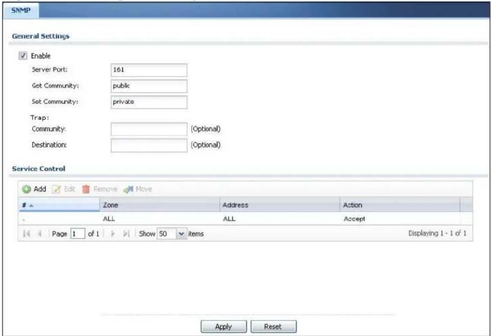SNMP General Settings Enable Server Port: 161 Get Community: public Set Community: private Trap: Community: (Optional) Destination: (Optional) Service Control Add Edit Remove Move Zone Address Action ALL ALL Accept Page 1 of 1 Show 50 items Displaying 1 - 1 of 1 Apply Reset