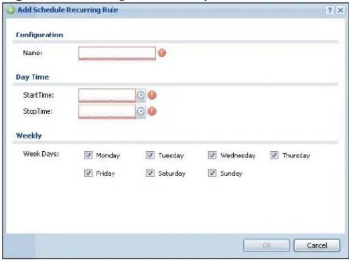 Add Schedule Recurring Rule Configuration Name: Day Time StartTime: StopTime: Weekly Week Days: Monday Tuesday Wednesday Thursday Friday Saturday Sunday OK Cancel