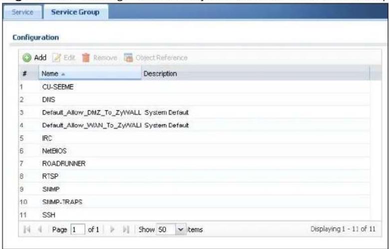 Service Service Group Configuration Add Edit Remove Object Reference Name Description 1 CU-SEEME 2 DNS 3 Default_Allow_DMZ_To_ZyWALL System Default 4 Default_Allow_WAN_To_ZyWALL System Default 5 IRC 6 NetBIOS 7 ROADRUNNER 8 RTSP 9 SNMP 10 SNMP-TRAPS 11 SSH Page 1 of 1 Show 50 items Displaying 1 - 11 of 11