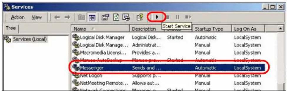 Services Action View Tree Services (Local) Name Description Start Service Startup Type Log On As Logical Disk Manager Logical Disk... Started Automatic LocalSystem Logical Disk Manage... Administrat... Manual LocalSystem Macromedia Licensi... Provides a... Manual LocalSystem Monroe AutoBackup Monroe pro... Started Automatic LocalSystem Messenger Sends and ... Automatic LocalSystem Net Logon Supports p... Manual LocalSystem NetMeeting Remote... Allows aut... Manual LocalSystem Network Connections Managers... Started Manual LocalSystem