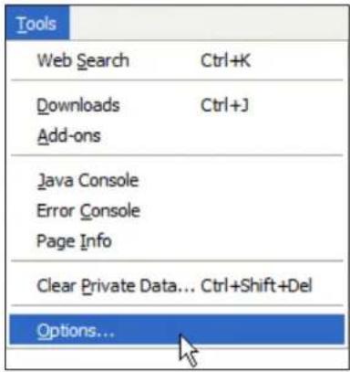Tools Web Search Ctrl+K Downloads Ctrl+J Add-ons Java Console Error Console Page Info Clear Private Data... Ctrl+Shift+Del Options...