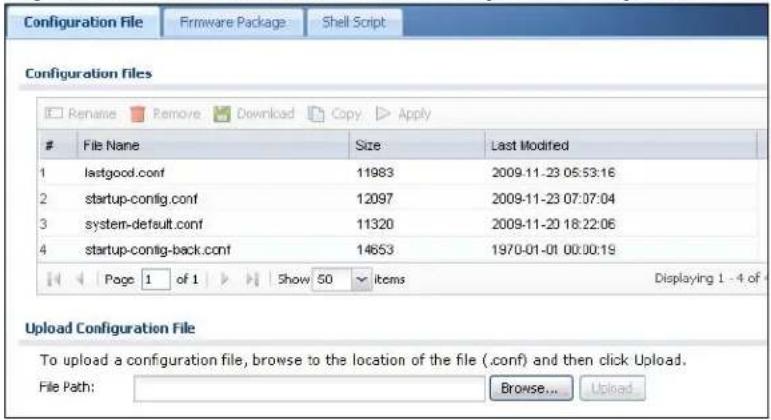 Configuration File Firmware Package Shell Script Configuration files Rename Remove Download Copy Apply File Name Size Last Modified 1 lastgood.conf 11983 2009-11-23 05:53:16 2 startup-config.conf 12097 2009-11-23 07:07:04 3 system-default.conf 11320 2009-11-20 18:22:06 4 startup-config-back.conf 14653 1970-01-01 00:00:19 Page 1 of 1 Show 50 items Displaying 1 - 4 of - Upload Configuration File To upload a configuration file, browse to the location of the file (.conf) and then click Upload. File Path: Browse... Upload