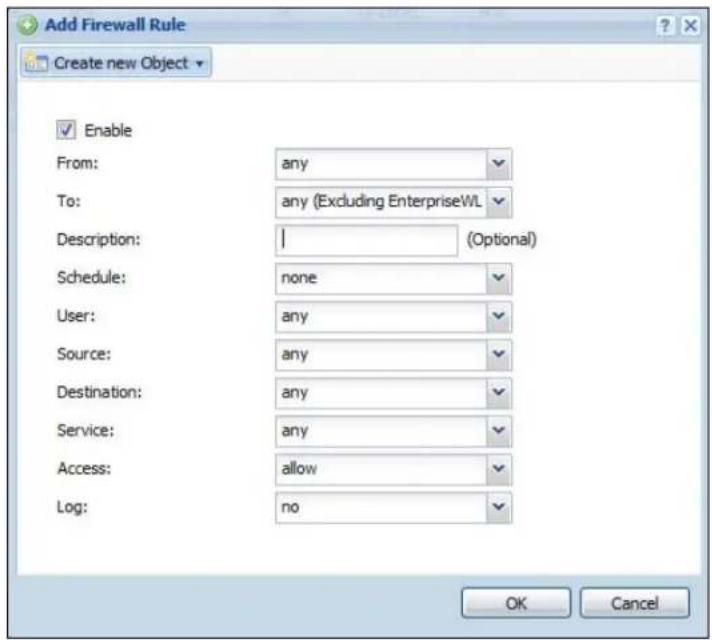 Add Firewall Rule Create new Object Enable From: any To: any (Excluding EnterpriseWL) Description: I (Optional) Schedule: none User: any Source: any Destination: any Service: any Access: allow Log: no OK Cancel