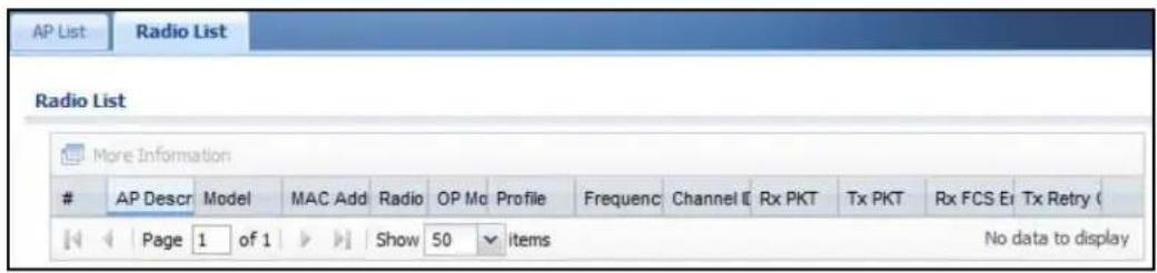 AP List Radio List Radio List More Information AP Descr Model MAC Add Radio OP Mo Profile Frequenc Channel E Rx PKT Tx PKT Rx FCS Ei Tx Retry ( Page 1 of 1 Show 50 items No data to display