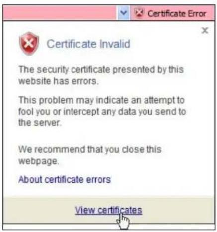 Certificate Error Certificate Invalid The security certificate presented by this website has errors. This problem may indicate an attempt to fool you or intercept any data you send to the server. We recommend that you close this webpage. About certificate errors View certificates