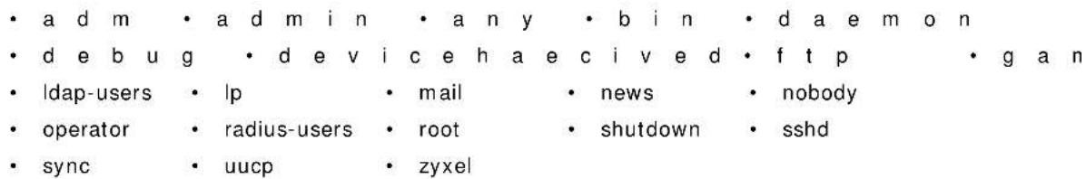 • a d m • a d m i n • a n y • b i n • d a e m o n • d e b u g • d e v i c e h a e c i v e d • f t p • g a n • ldap-users • lp • mail • news • nobody • operator • radius-users • root • shutdown • sshd • sync • uucp • zyxel