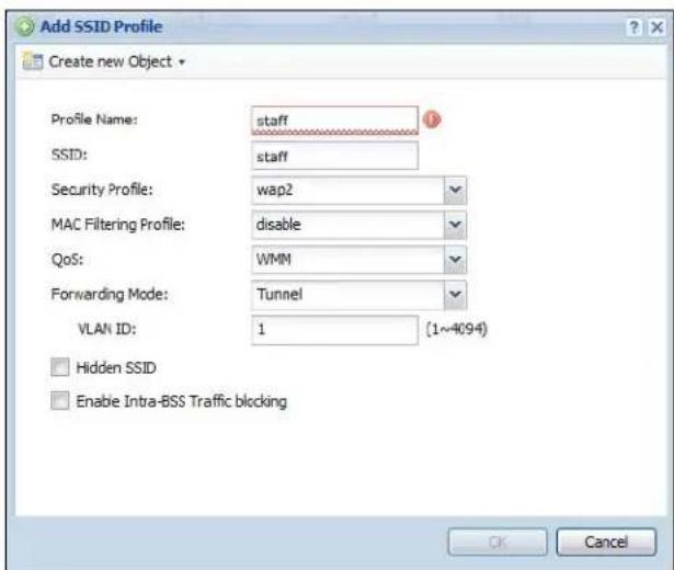 Add SSID Profile Create new Object Profile Name: staff SSID: staff Security Profile: wap2 MAC Filtering Profile: disable QoS: WMM Forwarding Mode: Tunnel VLAN ID: 1 (1~4094) Hidden SSID Enable Intra-BSS Traffic blocking OK Cancel
