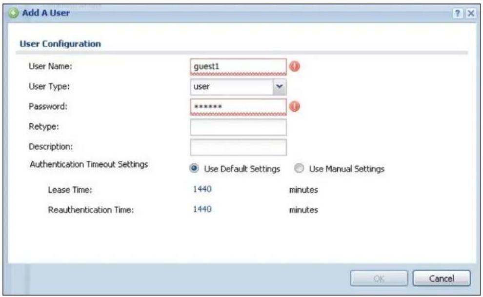 Add A User User Configuration User Name: guest1 User Type: user Password: ******** Retype: Description: Authentication Timeout Settings Use Default Settings Use Manual Settings Lease Time: 1440 minutes Reauthentication Time: 1440 minutes OK Cancel