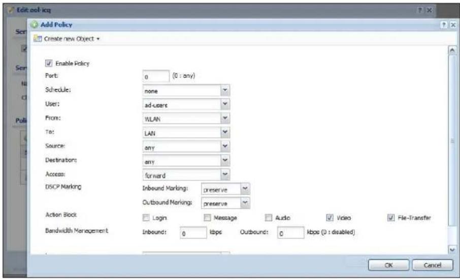 Edit sol-icq Add Policy Create new Object Enable Policy Port: 0 (0 : any) Schedule: none User: ad-users From: WLAN To: LAN Source: any Destination: any Access: forward DSCP Marking Inbound Marking: preserve Outbound Marking: preserve Action Block Login Message Audio Video File-Transfer Bandwidth Management Inbound: 0 kbps Outbound: 0 kbps (0 : disabled) OK Cancel