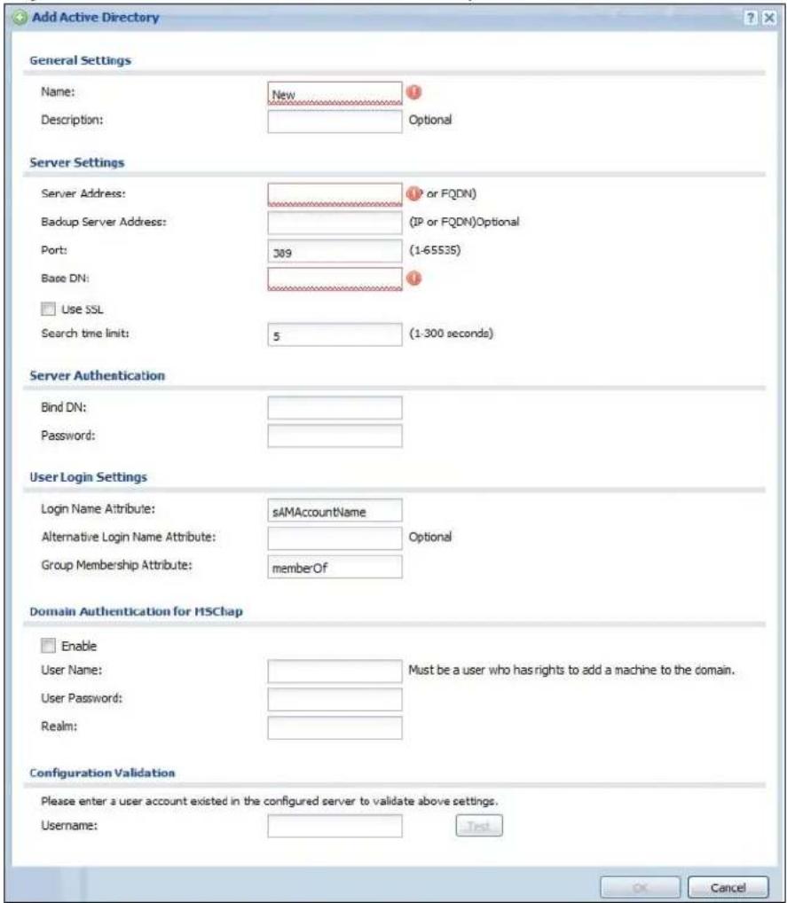 Add Active Directory General Settings Name: New Description: Optional Server Settings Server Address: (IP or FQDN) Backup Server Address: (IP or FQDN)Optional Port: 309 (1-65535) Base DN: Use SSL Search time limit: 5 (1-300 seconds) Server Authentication Bind DN: Password: User Login Settings Login Name Attribute: sAMAccountName Alternative Login Name Attribute: Group Membership Attribute: memberOf Domain Authentication for HSChap Enable User Name: Must be a user who has rights to add a machine to the domain. User Password: Realm: Configuration Validation Please enter a user account existed in the configured server to validate above settings. Username: Test OK Cancel