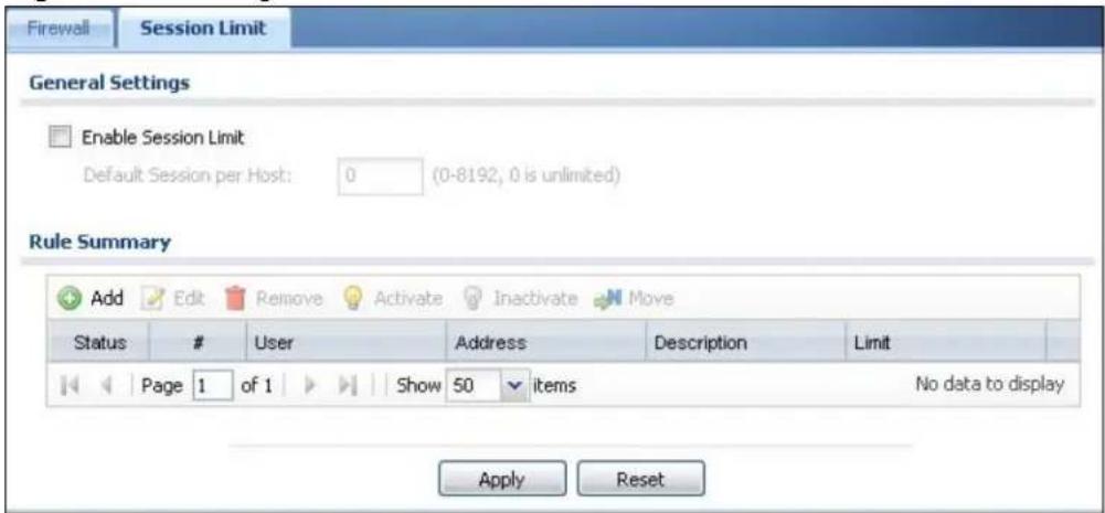 Firewall Session Limit General Settings Enable Session Limit Default Session per Host: 0 (0-8192, 0 is unlimited) Rule Summary Add Edit Remove Activate Inactivate Move Status # User Address Description Limit Page 1 of 1 Show 50 items No data to display Apply Reset