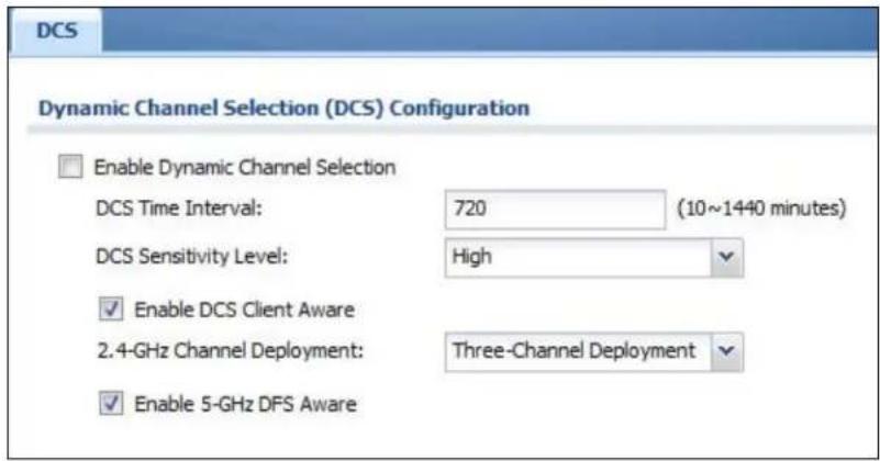 DCS Dynamic Channel Selection (DCS) Configuration Enable Dynamic Channel Selection DCS Time Interval: 720 (10~1440 minutes) DCS Sensitivity Level: High Enable DCS Client Aware 2.4-GHz Channel Deployment: Three-Channel Deployment Enable 5-GHz DFS Aware
