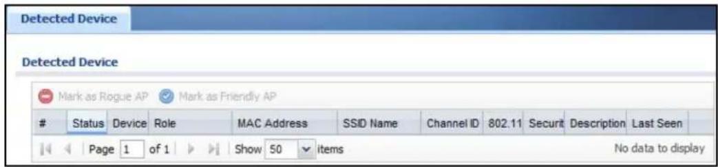 Detected Device Detected Device Mark as Rogue AP Mark as Friendly AP Status Device Role MAC Address SSID Name Channel ID 802.11 Securit Description Last Seen Page 1 of 1 Show 50 items No data to display