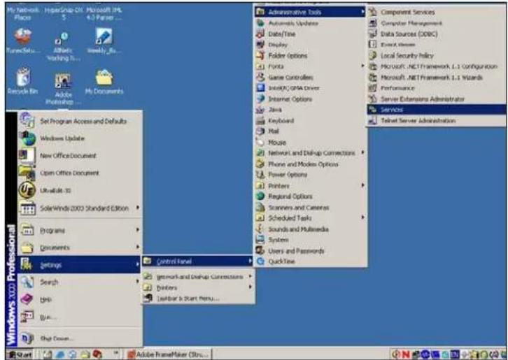 My Network Places HyperGrid-01 - Microsoft IPL 5.0 Partner ... TurnerSales... All rights Working... Readily_Ris... Recycle Bin Adobe Photoshop... My Documents Set Program Access and Defaults Windows Update New Office Document Open Office Document Util available: 3D SolarWinds 2000 Standard Edition Programs Documents Settings Search Help Help... Hot Cover... Control Panel Network and Desktop Connections Doilers QuickBar & Start Menu... Administrative Tools Automatic Updates Data/Time Display Folder Options Ports Game Controllers Intel®/GNA Driver Internet Options Java Keyboard Mail Mouse Network and Desktop Connections Phone and Modem Options Power Options Printers Regional Options Scanners and Cameras Scheduled Tasks Sounds and Multimedia System Users and Passwords Quick Time Component Services Computer Management Data Sources (DDWC) Excel Activeo Local Security Policy Microsoft .NET Framework 1.1 Configuration Microsoft .NET Framework 1.1 Wizards Performance Server Extensions Administrator Services Target Server Administration Start Adobe HomeMaker (Stru...)