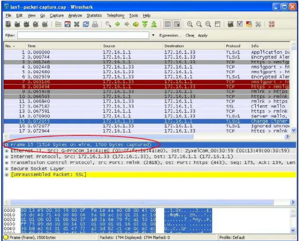 lan1-packet-capture.cap - Wireshark File Edit View Go Capture Analyze Statistics Telephony Tools Help Filter: Expression... Clear Apply No. - Time Source Destination Protocol Info 1 0.000000 172.16.1.1 172.16.1.33 TLSv1 Application Da 2 0.00744 172.16.1.1 172.16.1.33 TLSv1 Encrypted Aler 3 0.001246 172.16.1.1 172.16.1.33 TCP https > rmsigp 4 0.002448 172.16.1.33 172.16.1.1 TCP rmsigport > ht 5 0.002680 172.16.1.33 172.16.1.1 TCP rmsigport > ht 6 0.002939 172.16.1.33 172.16.1.1 TLSv1 Encrypted Aler 7 0.003106 172.16.1.33 172.16.1.1 TCP rmsigport > ht 8 0.003494 172.16.1.1 172.16.1.33 TCP https > rmsigp 9 0.05938 172.16.1.33 172.16.1.1 TCP rmlnk > https 10 0.066503 172.16.1.1 172.16.1.33 TCP https > rmlnk 11 0.066840 172.16.1.33 172.16.1.1 TCP rmlnk > https 12 0.067182 172.16.1.33 172.16.1.1 SSL client Hello 13 0.067591 172.16.1.1 172.16.1.33 TCP https > rmlnk 14 0.070900 172.16.1.1 172.16.1.33 TLSv1 server Hello, 15 0.072055 172.16.1.33 172.16.1.1 TLSv1 charge Cipher 16 0.072077 172.16.1.33 172.16.1.1 TLSv1 Ignored Unknow 17 0.072944 172.16.1.1 172.16.1.33 TCP https > rmlnk Frame 15 (15:4 bytes on wire, 15:00 bytes captured) Ethernet II, Src: G-ProCom 1e:4a:e0 (00:0f:Fe:le:4a:e0), Dst: ZyxelCom_00:30:59 (00:13:49:00:30:59) Internet Protocol, Src: 172.16.1.33 (172.16.1.33), Dst: 172.16.1.1 (172.16.1.1) Transmission Control Protocol, Src Port: rmlnk (28i8), dst Port: https (443), Seq: 173, Ack: 139, Len Secure Socket Layer [Unreassembled Packet: SSL] 0000 00 13 49 00 30 59 00 of fe le 4a e0 c8 00 45 00 ..I.OY.. ..J..E. 0010 05 dc 49 71 40 00 80 o6 5a 68 ac 10 cI zI ac 1o ..q@.. zh..!.. 0020 0i 0i 0b 02 0i bb bO 37 a8 2a be 79 fc aI 50 iO .......7 ."ny..P. 0030 ff 75 89 dd 00 oq oq i4 o3 oI oQ oI oI i6 o3 oI oQ oI oQ oI oQ oI oQ oI oQ oI oQ oI oQ oI oQ oI oQ oI oQ oI oQ oI oQ oI oQ oI oQ oI oQ oI oQ oI oQ oI oQ oI oQ oI oQ oI oQ oI oQ oI oQ oI oQ oI oQ oI o 0040 30 b8 e2 b3 cI dI dF bZ a2 od bZ cI ce oc e2 el O..c..Gr ..... Frame (frame), 15:00 bytes Packets: 1794 Displayed: 1794 Marked: O Profile: Default