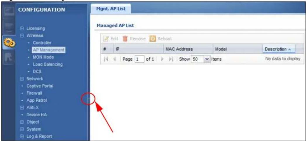 CONFIGURATION Licensing Wireless Controller AP Management MON Mode Load Balancing DCS Network Captive Portal Firewall App Patrol Anti-X Device HA Object System Log & Report Mgmt. AP List Managed AP List Edit Remove Reboot IP MAC Address Model Description Page 1 of 1 Show 50 items No data to display