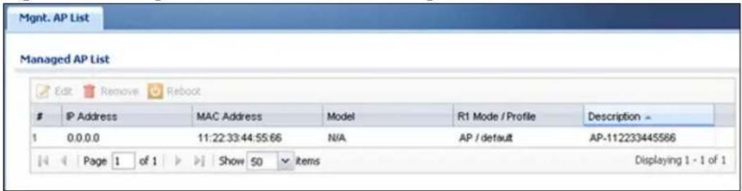 Mgmt. AP List Managed AP List Edit Remove Reboot IP Address MAC Address Model R1 Mode / Profile Description 1 0.0.0.0 11:22:33:44:55:66 N/A AP / default AP-112233445566 Page 1 of 1 Show 50 items Displaying 1 - 1 of 1