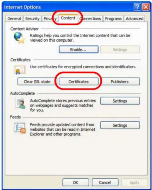 Internet Options General Security Privacy Content Connections Programs Advanced Content Advisor Ratings help you control the Internet content that can be viewed on this computer. Enable... Settings Certificates Use certificates for encrypted connections and identification. Clear SSL state Certificates Publishers AutoComplete AutoComplete stores previous entries on webpages and suggests matches for you. Settings Feeds Feeds provide updated content from websites that can be read in Internet Explorer and other programs. Settings OK Cancel Apply