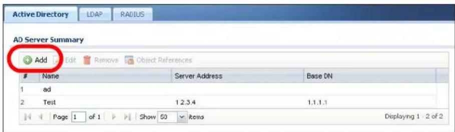 Active Directory LDAP RADIUS AD Server Summary Add Edit Remove Object References Name Server Address Base DN 1 ad 2 Test 1 2.3.4 1.1.1.1 Page 1 of 1 Show 50 items Displaying 1 - 2 of 2