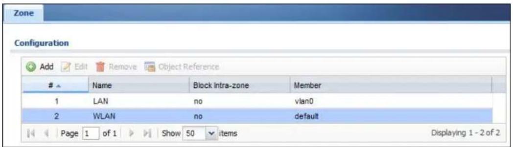 Zone Configuration Add Edit Remove Object Reference Name Block Intra-zone Member 1 LAN no vlan0 2 WLAN no default Page 1 of 1 Show 50 items Displaying 1 - 2 of 2