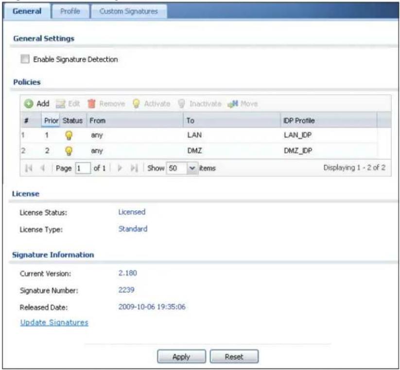 General Profile Custom Signatures General Settings Enable Signature Detection Policies Add Edit Remove Activate Inactivate Move Prior Status From To IDP Profile 1 1 any LAN LAN_IDP 2 2 any DMZ DMZ_IDP Page 1 of 1 Show 50 items Displaying 1 - 2 of 2 License License Status: Licensed License Type: Standard Signature Information Current Version: 2.180 Signature Number: 2239 Released Date: 2009-10-06 19:35:06 Update_Signatures Apply Reset